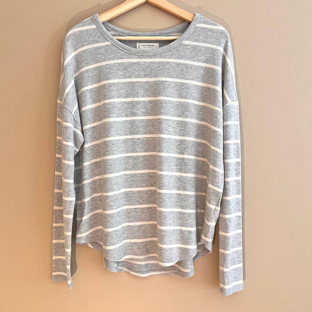 Lucky Brand Womens Gray White Striped Long Sleeve Top Boxy Super Soft Size M